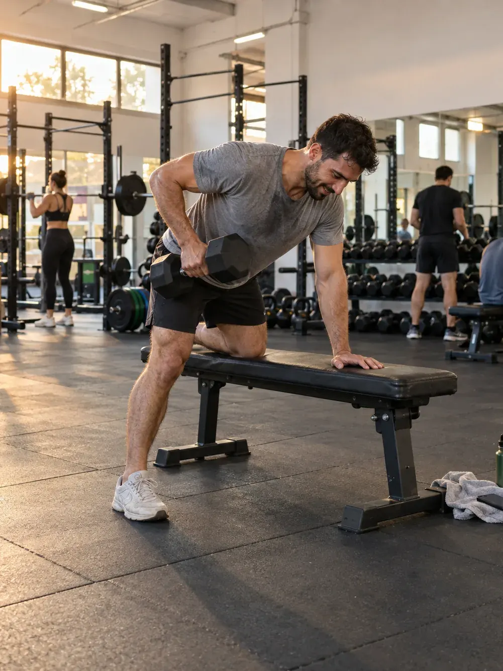 Un hombre hace remo con mancuerna apoyado en un banco, en un gimnasio luminoso con más gente entrenando